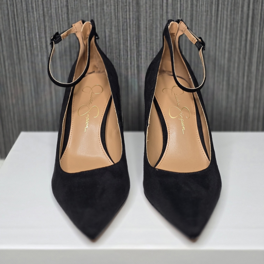 Jessica Simpson Black Suede Pointed Toe Ankle Strap Heels